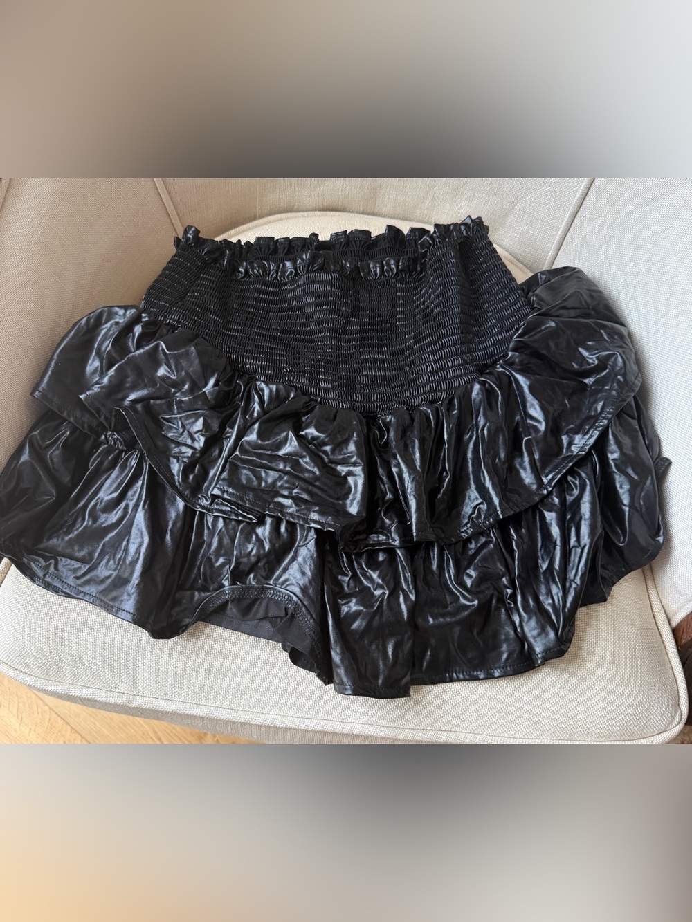 Queen Of Sparkles Shiny Black Ruffle Skirt. Medium.